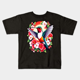 Cute Ruby Throated Hummingbird Surrounded by Spring Flowers Kids T-Shirt